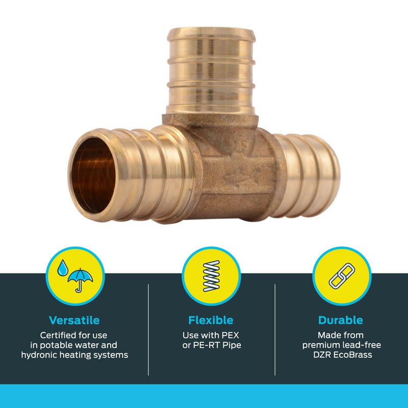 SharkBite 3/4 Inch Crimp Tee, Pack of 10, Brass Plumbing Fitting, PEX Pipe, PE-RT, UC370LFA10 - Image 3
